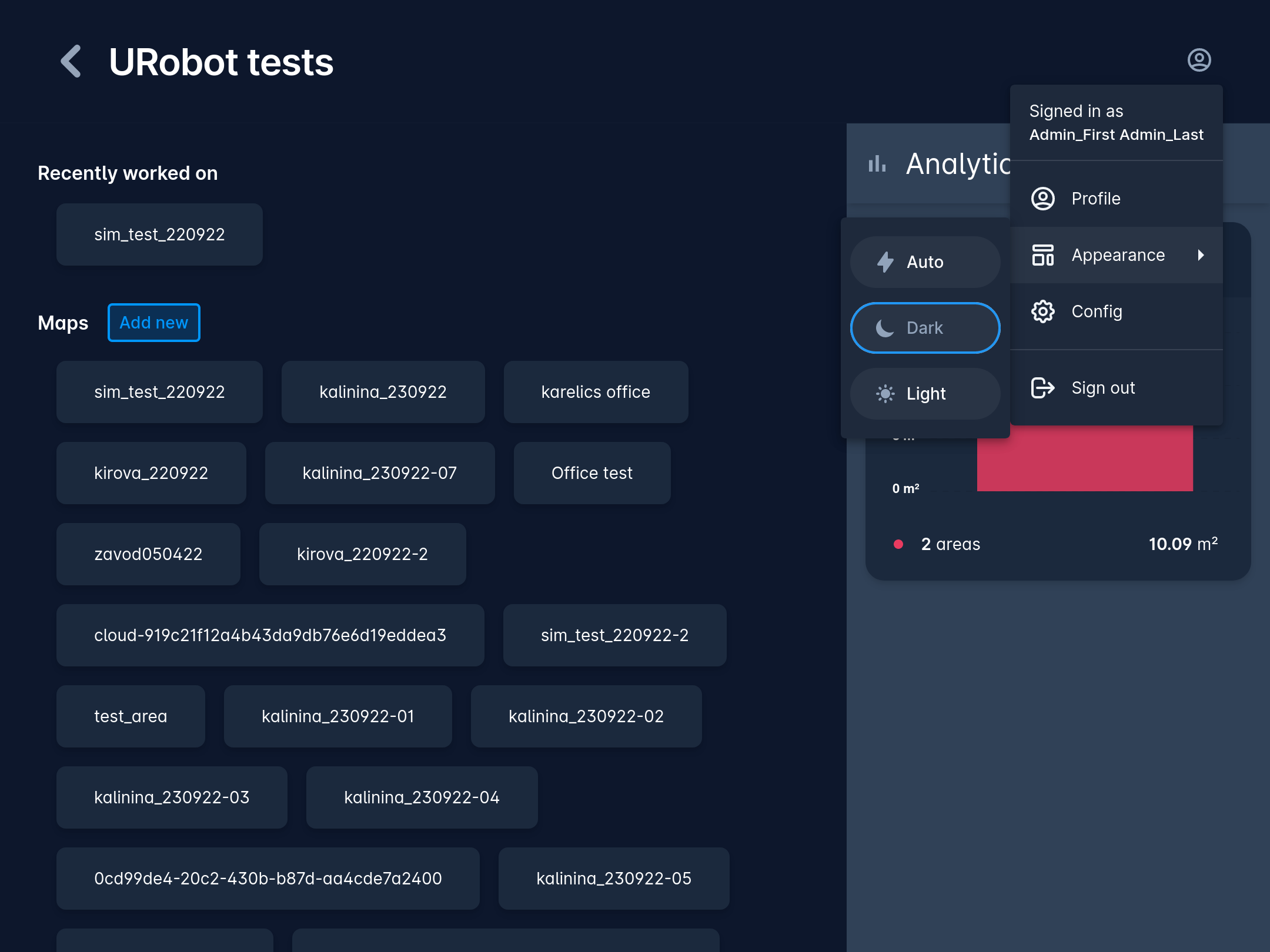 Karelics Cloud, robot fleet management app UI.