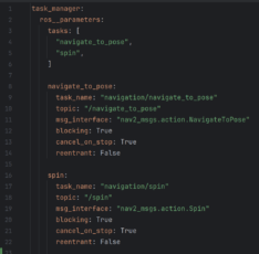 Task Manager parameters for Nav2. Note that both of the tasks are marked as “blocking”, meaning that starting either one of them while another one is still running cancels the running task.